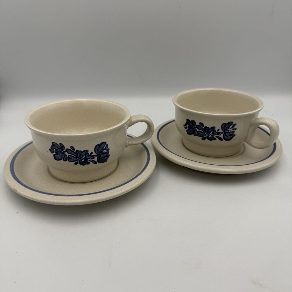 Vintage Pfaltzgraff Yorktowne Flat Cup and Saucer Set of 2 Blue Floral Stoneware